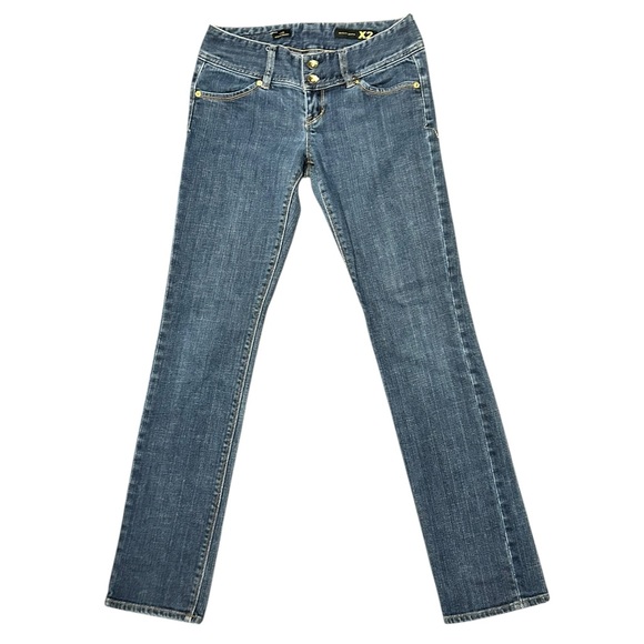 X2 Stella Skinny Denim Jeans Four Pocket Leopard Patch Medium Blue - Picture 1 of 5